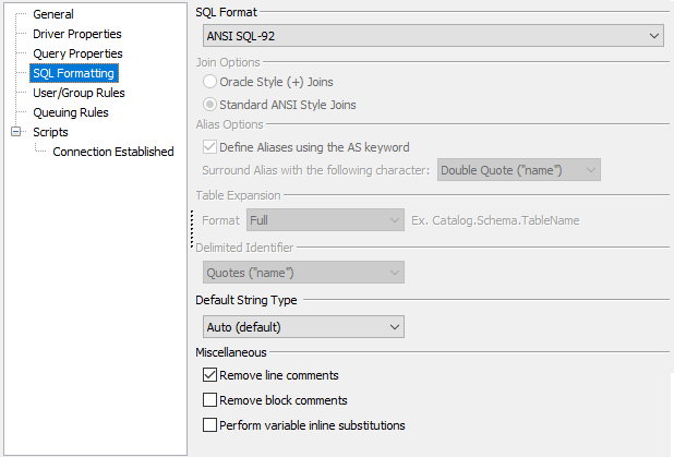 This image shows the Edit ADO Connection dialog with the SQL Formatting option selected.